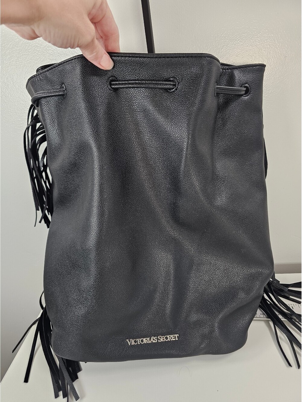 Victoria's Secret Black Faux Leather Fringe Drawstring Backpack